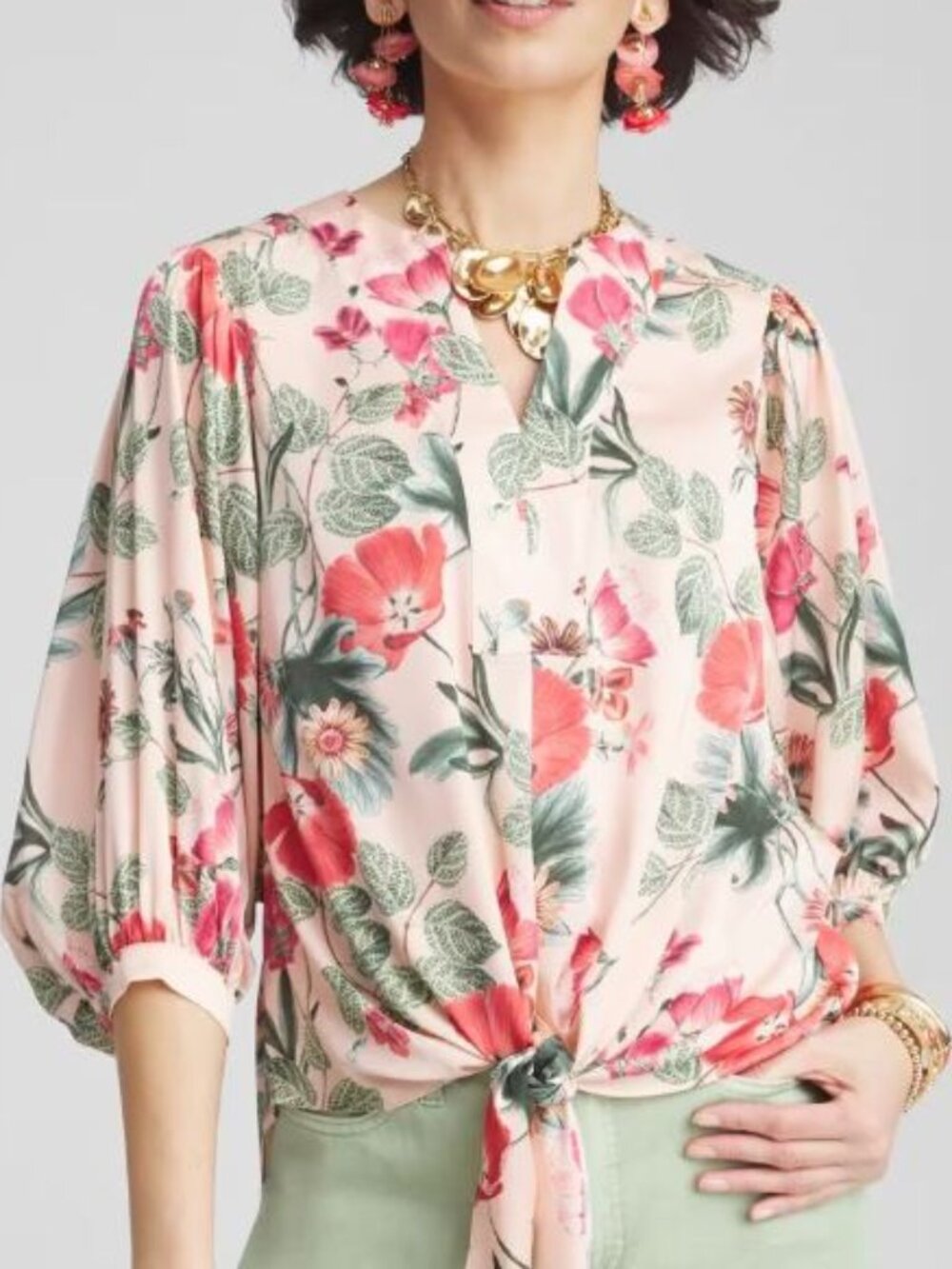 NWT Chico's Floral Satin Tie-Front Coral Pullover Top size 2 US L 12